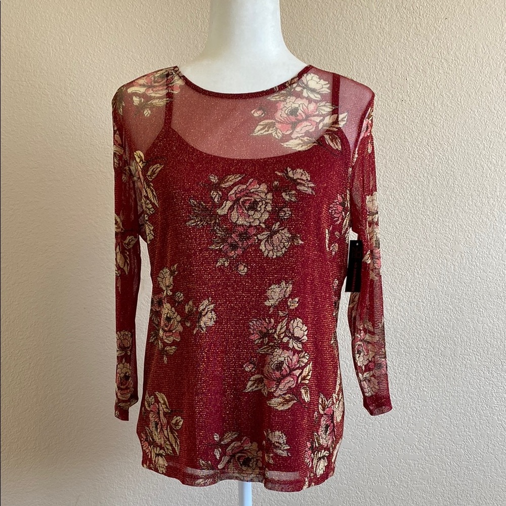 New Red Sheer Floral Blouse 3/4 Sleeve 2 Piece Top